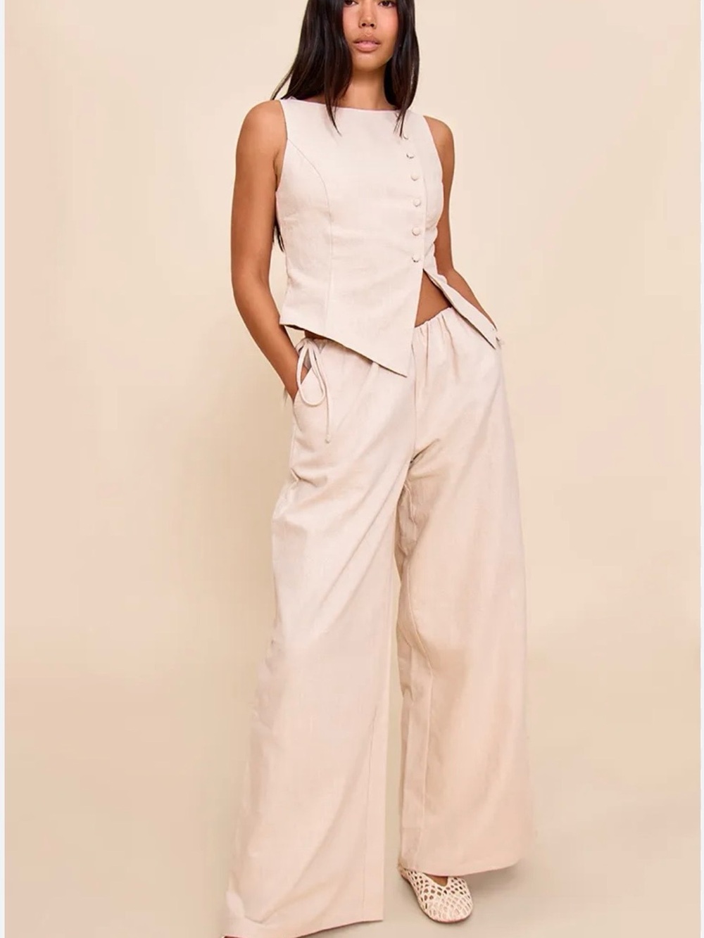 PLT Sleeveless Beige Wide-Leg Pants Set